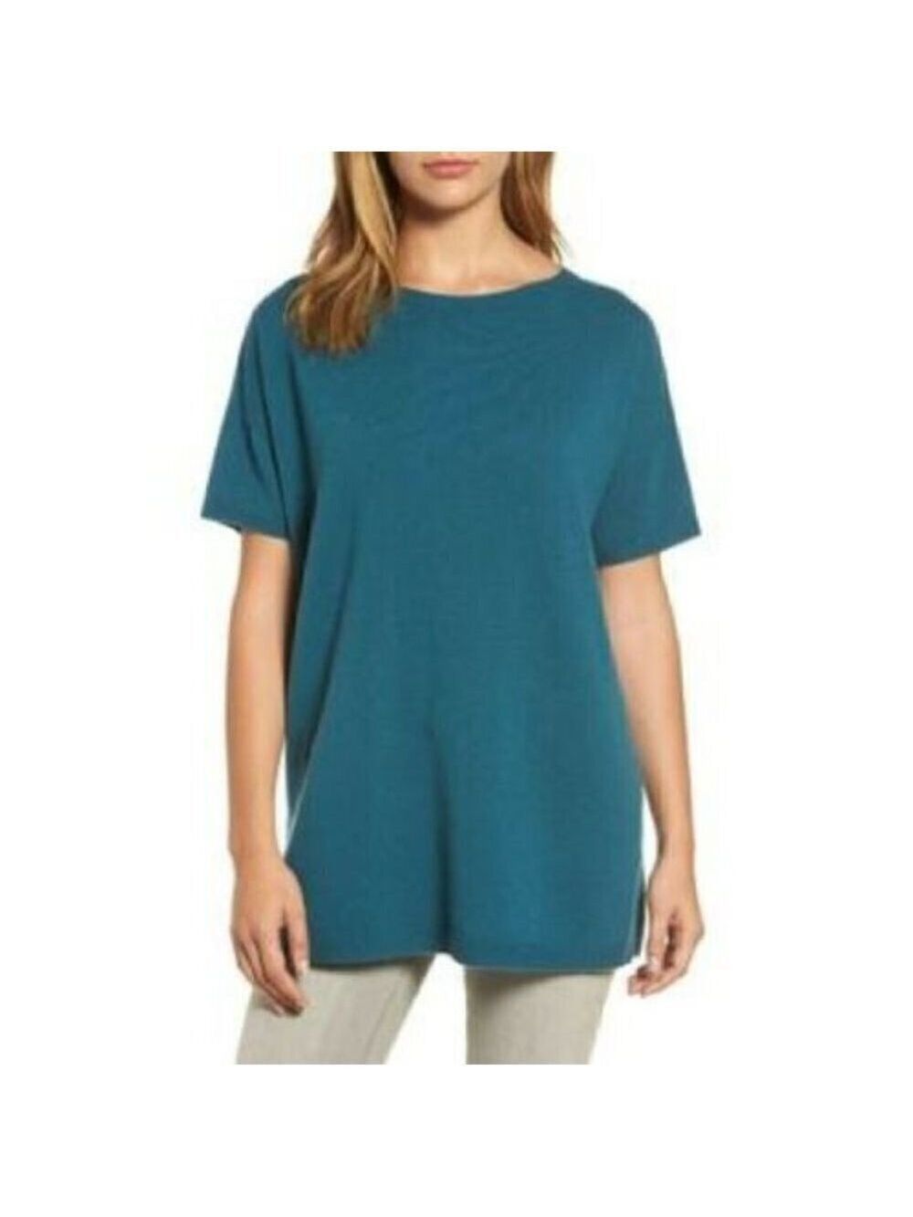 𝅺eileen Fisher Short Sleeve Sweater "Nile" Womens Sz Small Cashmere Boat Neck